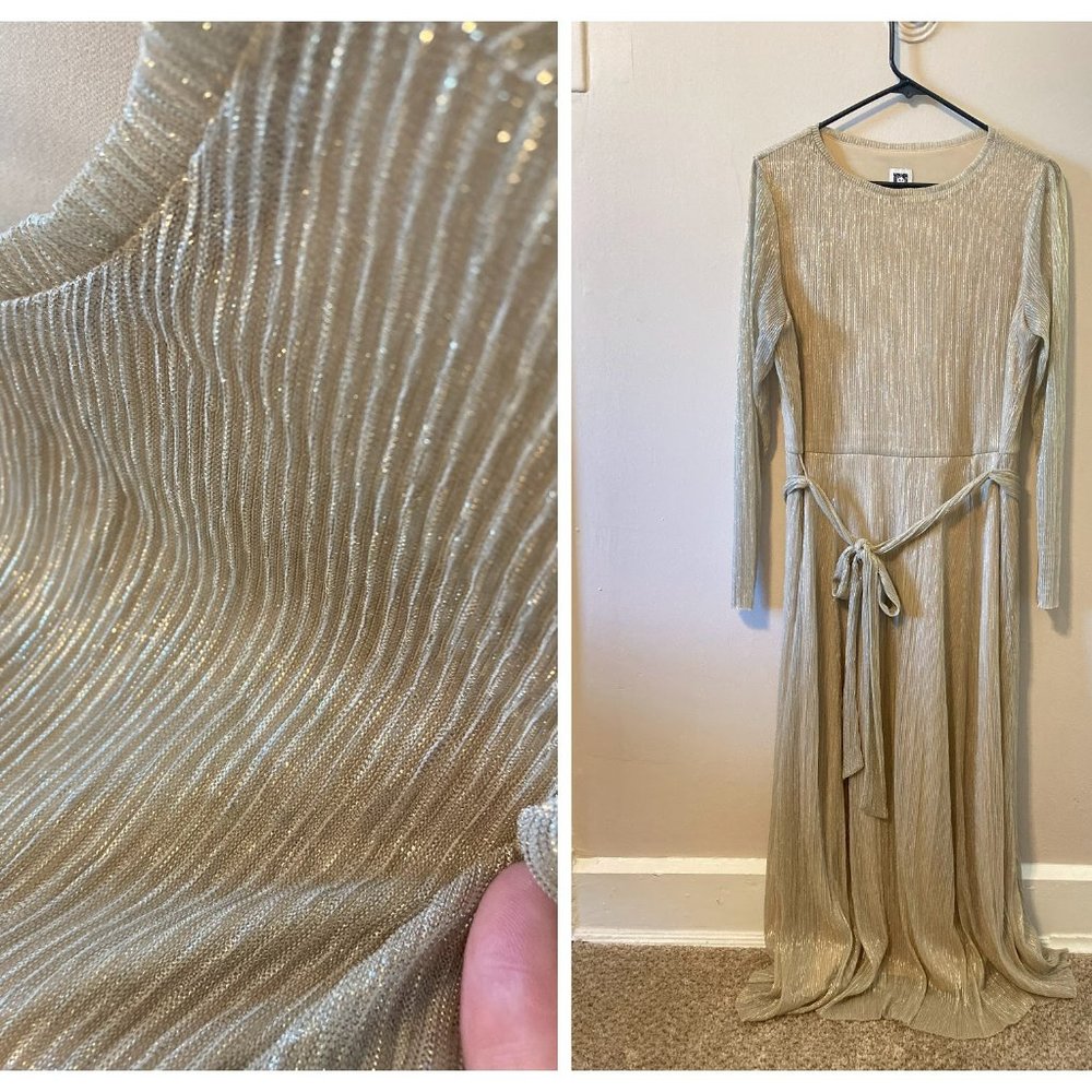 Anne Klein tan/gold metallic evening dress w/belt